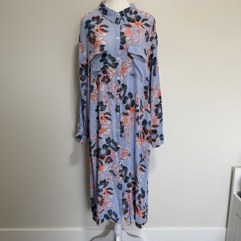 JustFab Floral Striped Button Front Shirt Dress Women 3X Blue Casual Plus Size
